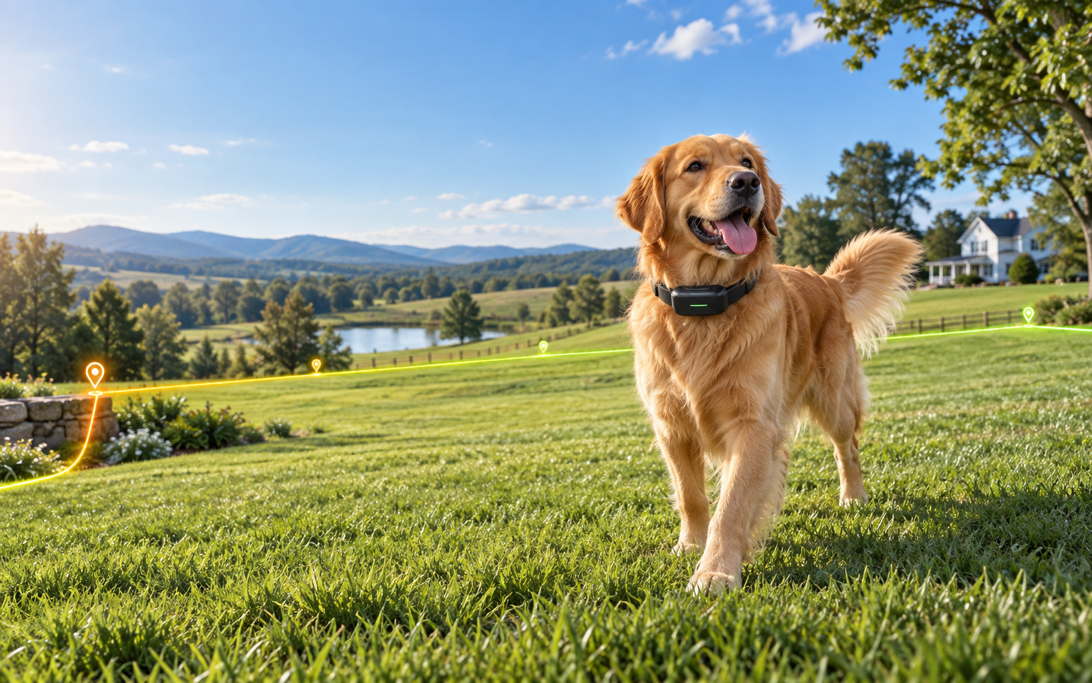 Golden retriever wearing a GPS collar inside a visualized virtual yard boundary